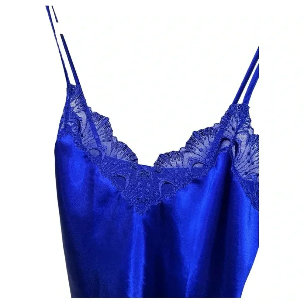 Victoria’s Secret Gold Label 90s Blue Satin Lace Trim Chemise Gold Tag, sz P - Picture 3 of 5